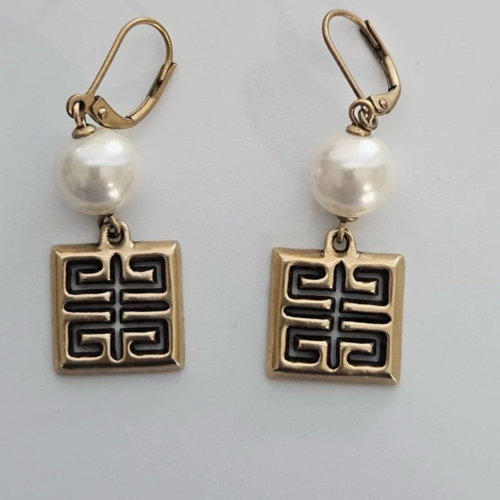 Givenchy Vintage Gold Tone Faux Pearl Drop Earrings with pave pattern logo - Picture 3 of 5
